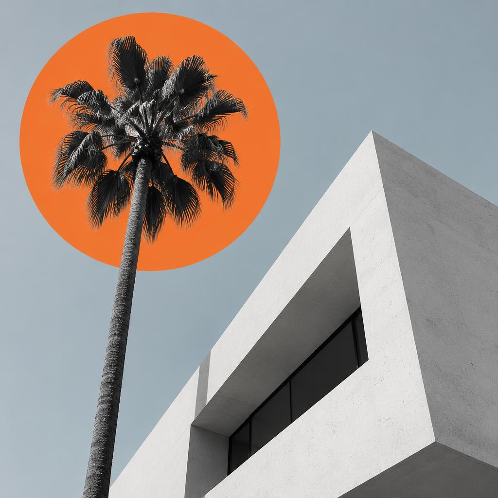 Palm tree and architecture against an orange sun